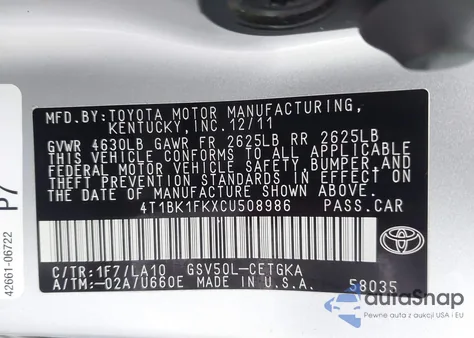 2012 Toyota Camry Se/Xle from USA, damaged, VIN 4T1BK1FKXCU508986